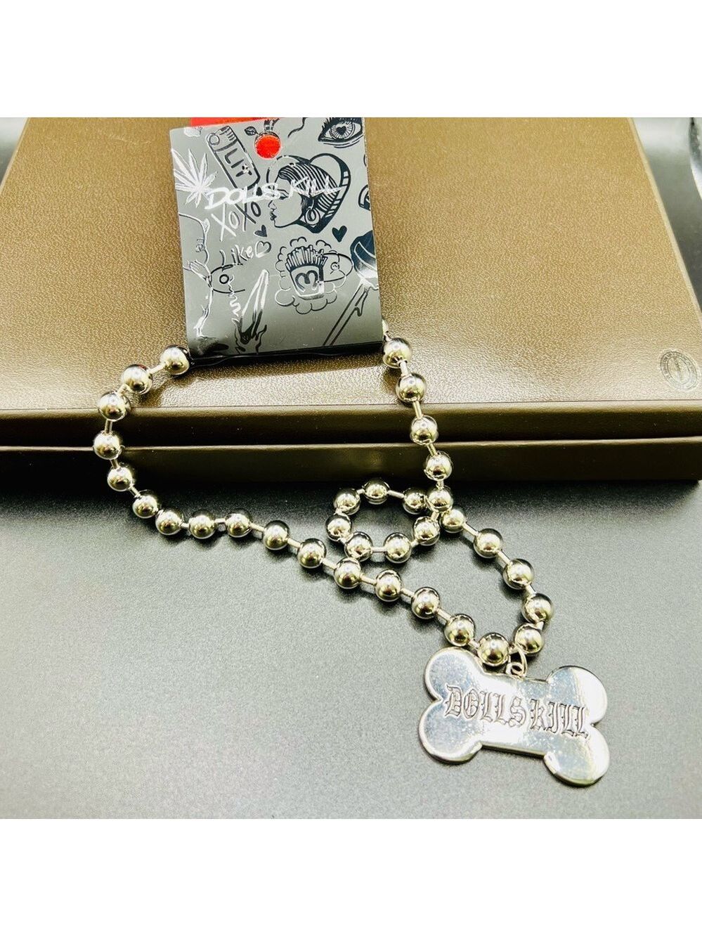 Dolls Kill Dog Bone Ball Chain Necklace Metallic - Picture 3 of 3